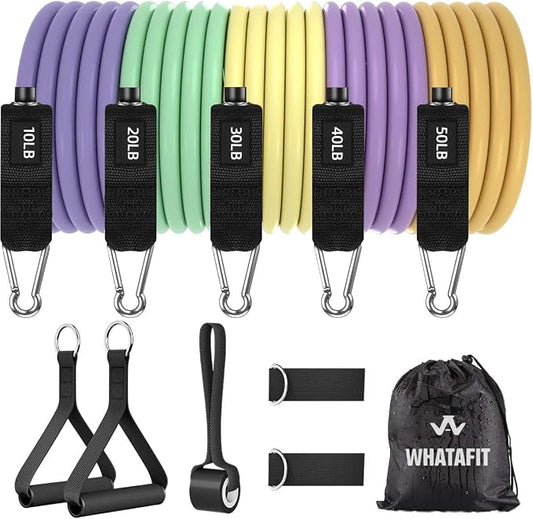 WHATAFIT Resistance Bands with Handles, 5-Level Exercise Bands for Workout | Natural latex,10-50 lbs, stackable to 150,Ankle Straps, Door Anchor,Guide. For Strength, Yoga,Home Gym,Travel & Workout.