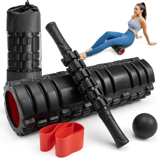 Krightlink 5-in-1 18" Foam Roller Set for Deep Muscle Massage Release | Foam Roller Back Roller for Fitness Relieves Muscle Pain Myofascial Trigger Point Release Pilates, Yoga (18" Black)