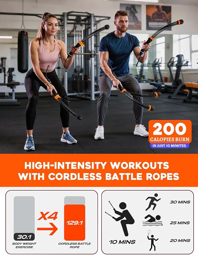 Cordless Battle Ropes 2 Pack Adjustable Weight Portable Ropeless Battle Ropes for Home Gym Full Body Workout with Non Slip Handle and Training Poster for HIIT Cardio Strength Training Men Women,Black