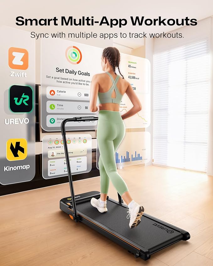 UREVO Strol 2E Smart 2-in-1 Folding Treadmill, Compact Walking Pad with Safety Handle, Plug and Play, Standing Desk Treadmill with Dual LED Display, Smart APP, Walking or Running for Home