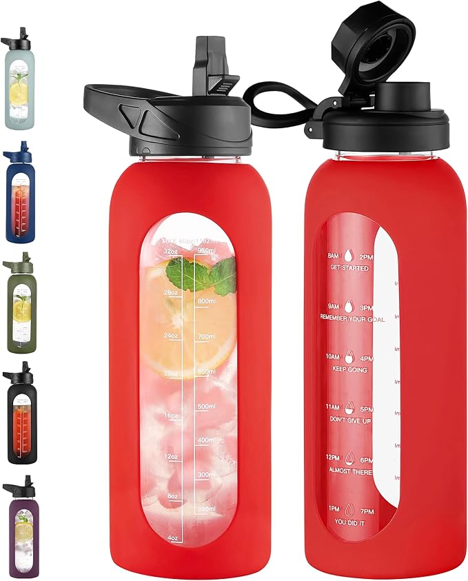CIVAGO 40 oz Glass Water Bottle with Straw, Large Motivational Water Jug | Time Marker, 2 Leakproof Lids, Wide Mouth, Water Flask Cup with Handle and Silicone Sleeve, for Gym, Sports, Juices, Red