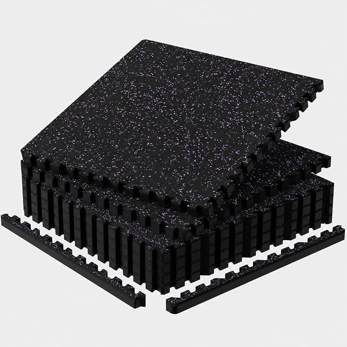 1'' Thick 24 Sq Ft Protective Gym Flooring for Home Gym, 6 Tiles Extra-Thick Rubber Top with High Density EVA Foam, Interlocking Exercise Equipment Mats, Heavy Weight Workout, Black & Purple