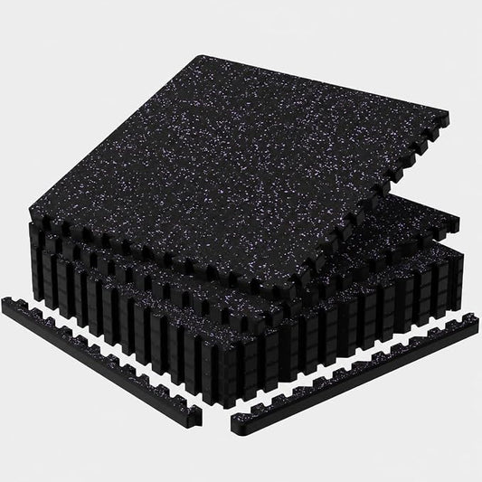 1'' Thick 24 Sq Ft Protective Gym Flooring for Home Gym, 6 Tiles Extra-Thick Rubber Top with High Density EVA Foam, Interlocking Exercise Equipment Mats, Heavy Weight Workout, Black & Purple
