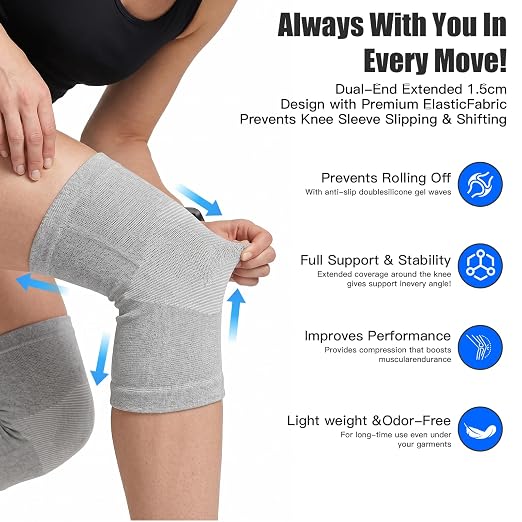One Compression Bamboo Knee Sleeves For Women & Men Knee Pain, Elastic Compression Leg Sleeves for Arthritis, Original 2-Pack...(Gray, Large(72-92KG))