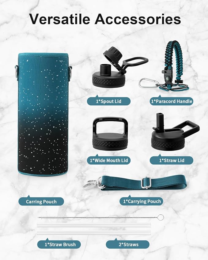 Trebo Water Bottle Insulated 40 oz with 3 Lids, Paracord Handle & Sleeve | Stainless Steel Flask Vacuum, Triple Wall Copper Plated, Dishwasher Safe, Keeps Cold 48Hrs for Hiking, Gym, Wide Mouth