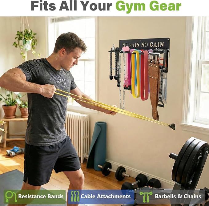Home Gym Accessories Organization Storage Rack Equipment For Home 8 Hook Wall Hanger Display Gear Barbells Resistance Bands Jump Ropes Lifting Belt Hanger Accessories Hardware Included