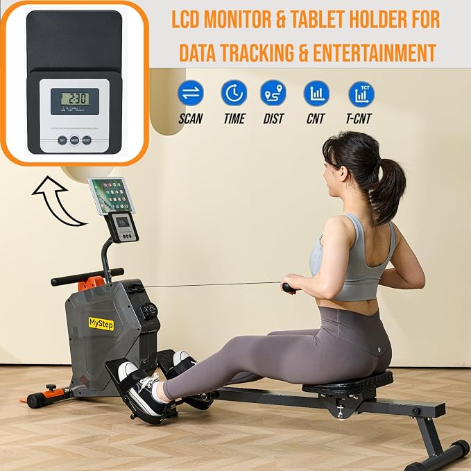 Magnetic Rowing Machine, Quiet Foldable Rower with 8-Level Resistance, LCD Monitor & Tablet Holder, Full-Body Low-Impact Cardio Equipment, Optional 2-in-1 Strength Training