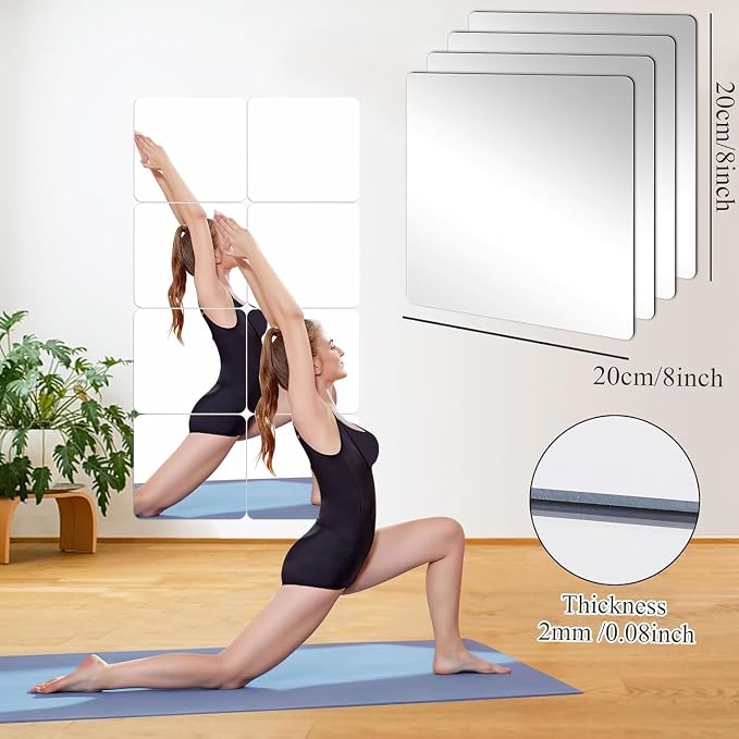 18Pack Self Adhesive Acrylic Mirrors, 8 x 8 Inch Mirror Tiles Decor | JUNEBRUSHS Frameless Over Door Mirrors, Sheets Wall Stickers for Wall Mounted Make Up Gym Dressing