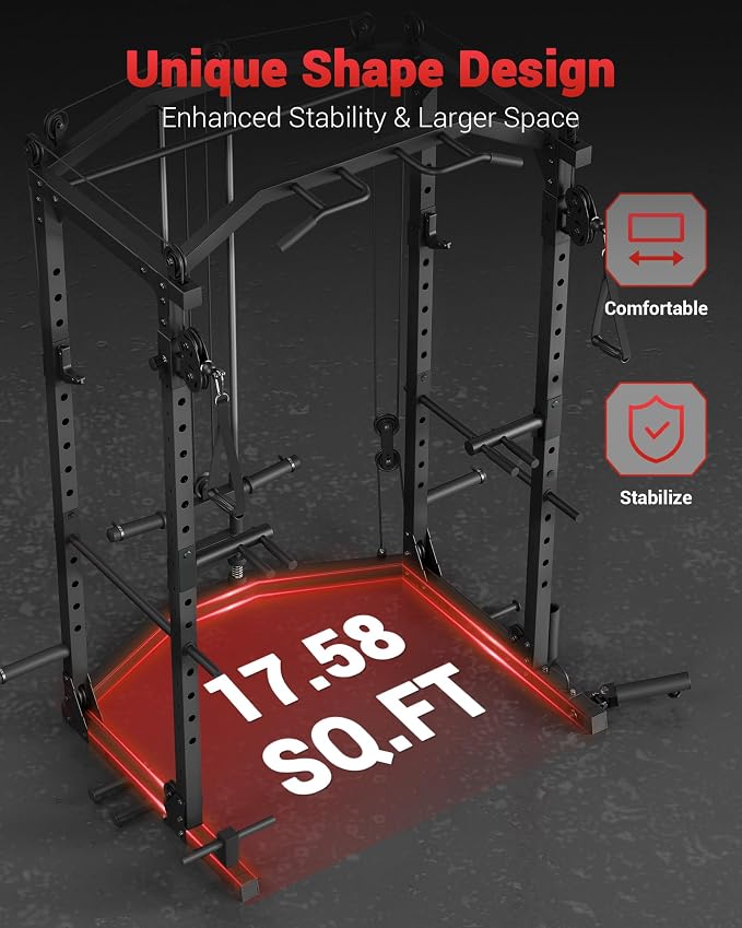 Garvee Power Cage with Cable Crossover System, Power Rack for Home Gym | 1600 Lb Capacity, Carbon Steel Squat Machine with LAT Pulldown Pulley System, J-Hooks, Dip Handles, Landmine Attachment