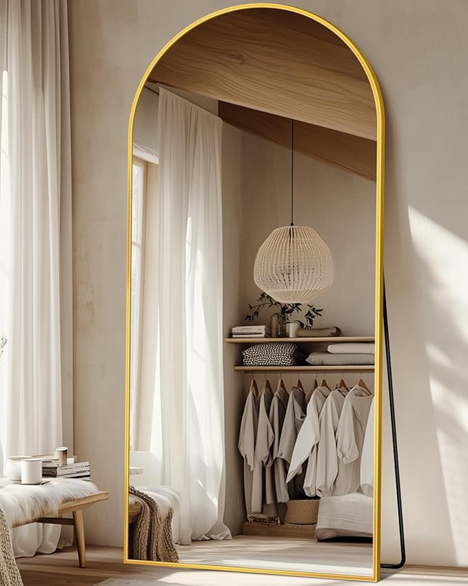 Suidia 71"x28" Arched Full Length Mirror with Stand, Full Body Mirror with Aluminum Frame, Freestanding/Leaning/Wall-Mounted, Floor Mirrors for Bedroom, Living Room, Entryway, Dressing Room, Gold
