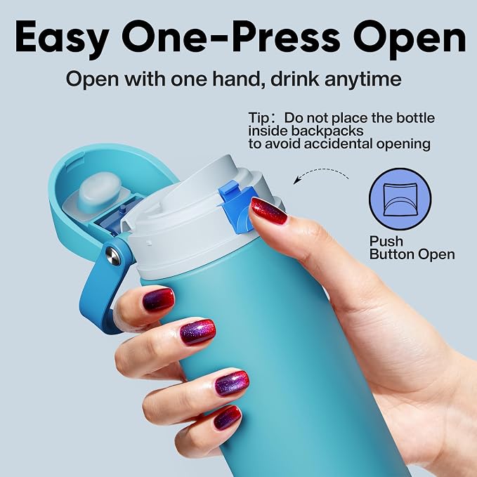 Insulated Water Bottle with Straw - Encool Stainless Steel Water Bottle with Push Button Lid, Leak-Proof & BPA-Free, Keeps Cold for 24 Hours for Sports, Travel, Gym (18 oz, Silk Blue)