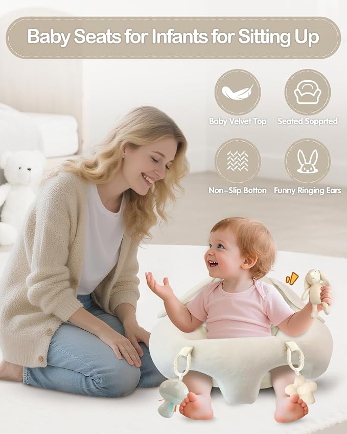 3-in-1 Baby Play Mat & Baby Seats for Infants for Sitting Up, Tummy Time Gym Activity Mat with 5 Detachable Toys, for Babies 0-6-12-18 Months, Newborn Babies Shower Gifts(Beige)
