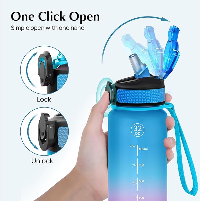 EYQ 32oz Water Bottle with Straw, Time Marker, Blue Purple | Blue Purple Tritan, BPA Free, Time Marker, Leakproof Lock Lid, Wide Mouth, for Gym, School, Office and Travel