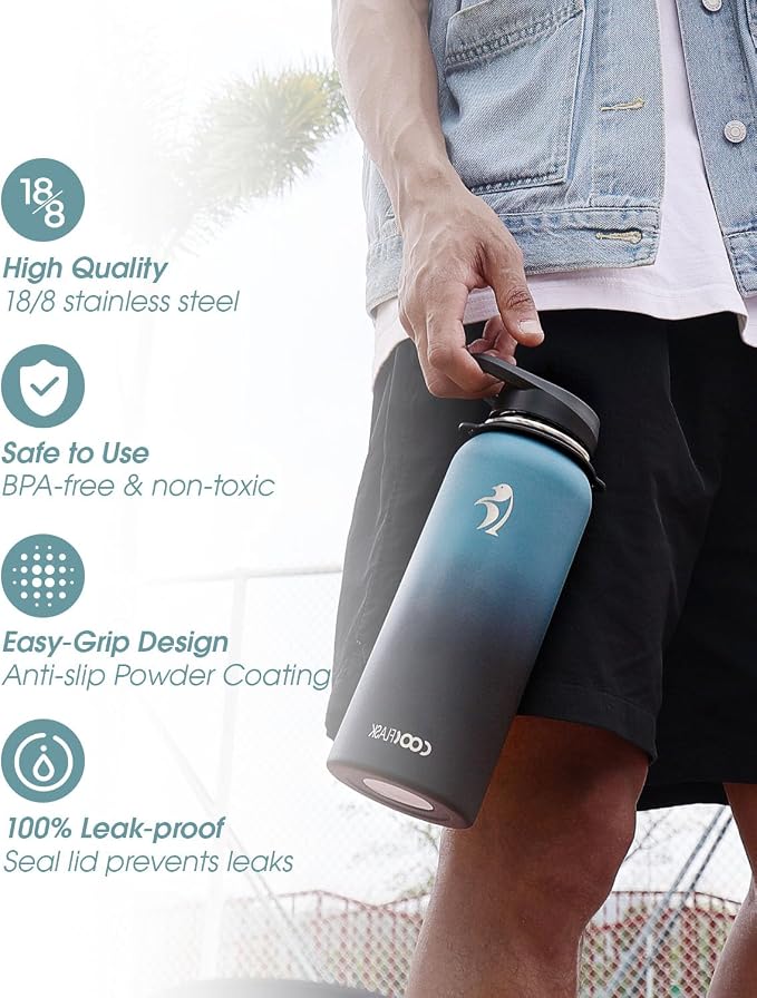 Coolflask 40 oz Water Bottle Insulated Stainless Steel with Strap | Metal Water Flask with Straw & Spout Lids, Triple-Wall, Cold 48+h, Dishwasher Safe, Leakproof, BPA-Free, for Gym & Hiking