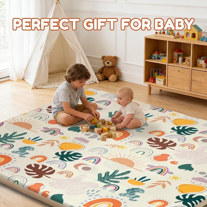 Baby Play Mat for Floor, 71'' x 59'' Thicken Foam Soft Padded Playmat for Tummy Time, Playpen Mat for Toddlers Infant Kids, Water-Repellent Coral Velvet, Non-Slip Bottom Safe for Crawling (Boho)