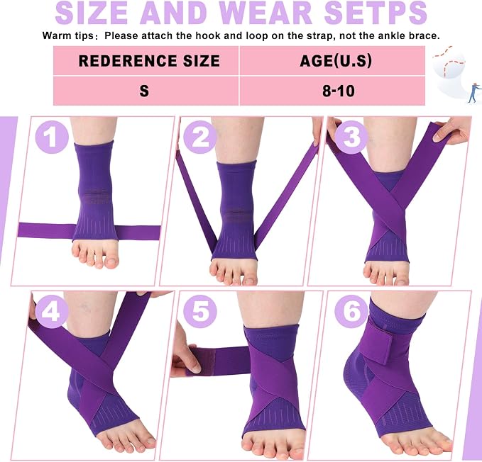 Tarpop 1 Pair Ankle Brace for Kids Compression Ankle Sleeves Adjustable Foot Support Brace Elastic Guard for Children Boys Girls Sports Running Jogging Dance Fitness Gymnastics(Dark Purple,Small)