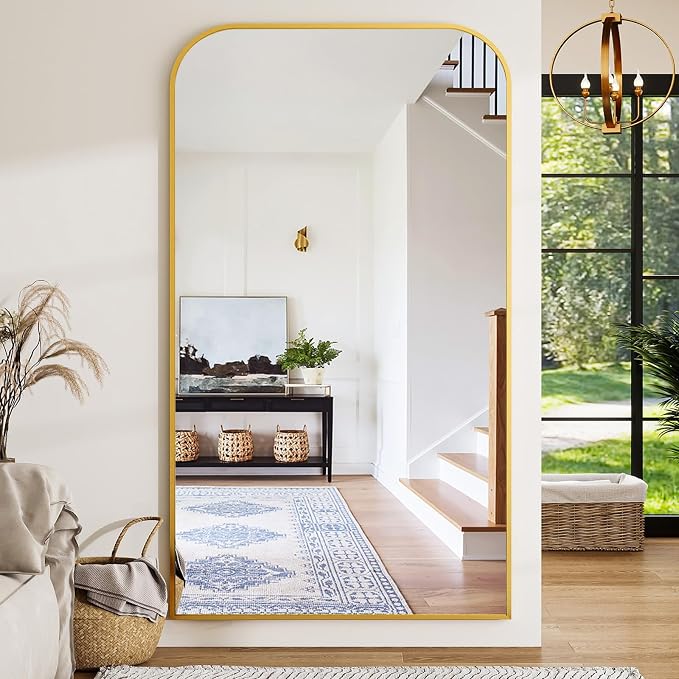 Oversized Full Length Mirror 81"x41" Arched Floor Standing Mirror | Large Full Body Mirrors with Stand - with Aluminum Frame for Bedroom Living Room, Gold