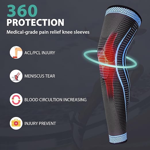 2 Pack Full Leg Compression Sleeves, Long Knee Brace Support for ACL,PCL, Meniscus Tear, Arthritis, Tendinitis,Men And Women (XX-Large, Blue)