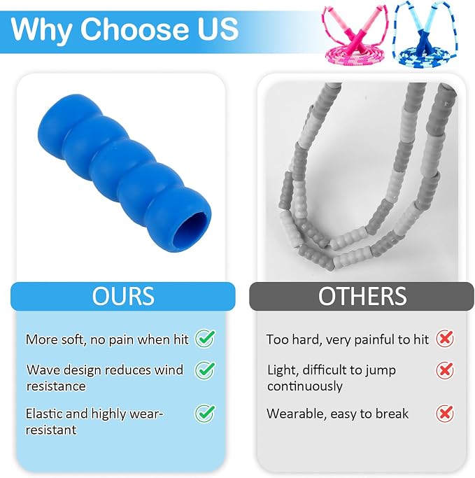 Jump Rope for Kids, Adjustable Jump Ropes for 4 5 6 7 8 10 12, Tangle Free | Jumping Rope Age 8-12, Segmented Soft Beaded Skipping Rope for Women Fitness