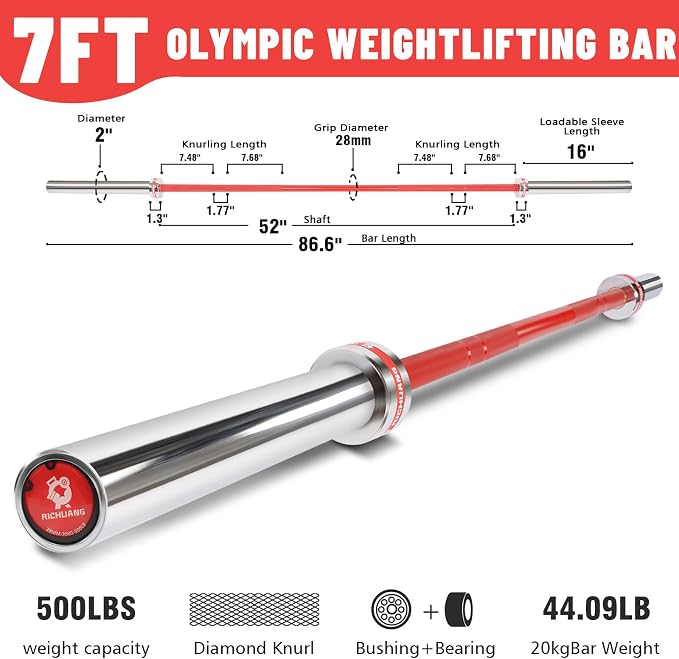 7ft Olympic Barbell 28mm 45lb – 500/700/1000LB Bar for Home Gym | Ceramic coated steel. Smooth spinning sleeves. Fits 2" plates. For snatch, clean and jerk, squats, deadlifts, bench press.