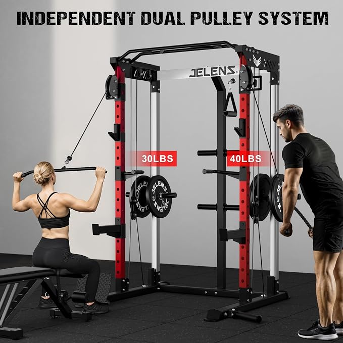 JELENS C21 Power Cage, 2000LBS Multi-Function Power Rack with Independent Dual Pulley System, All-in-One Squat Rack for Cable Crossover, Home Gym Workout Machine