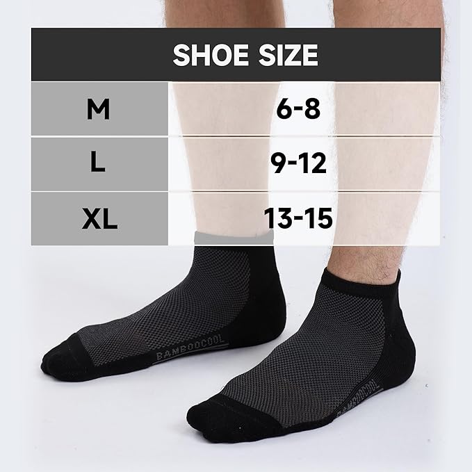 BAMBOO COOL Men's Athletic Ankle Socks Moisture Wicking, Anti-Odor Breathable Running Mesh Socks Arch Support, 8 Pack
