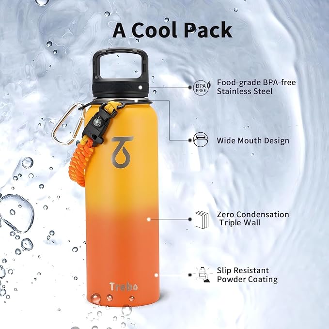 Trebo Water Bottle Insulated 40 oz with 3 Lids, Paracord Handle & Sleeve | Stainless Steel Flask Vacuum, Triple Wall Copper Plated, Dishwasher Safe, Keeps Cold 48Hrs for Hiking, Gym, Wide Mouth