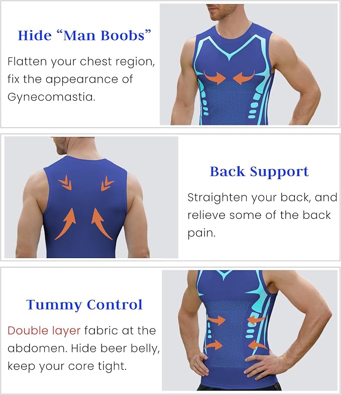 Compression Shirt Men Slimming Body Shaper Vest Crewneck Workout Tank Top | Tummy Control Undershirts, Gynecomastia Compression Shirts, Back Support, Sleeveless Muscle Shirts, Shaping Tank Top