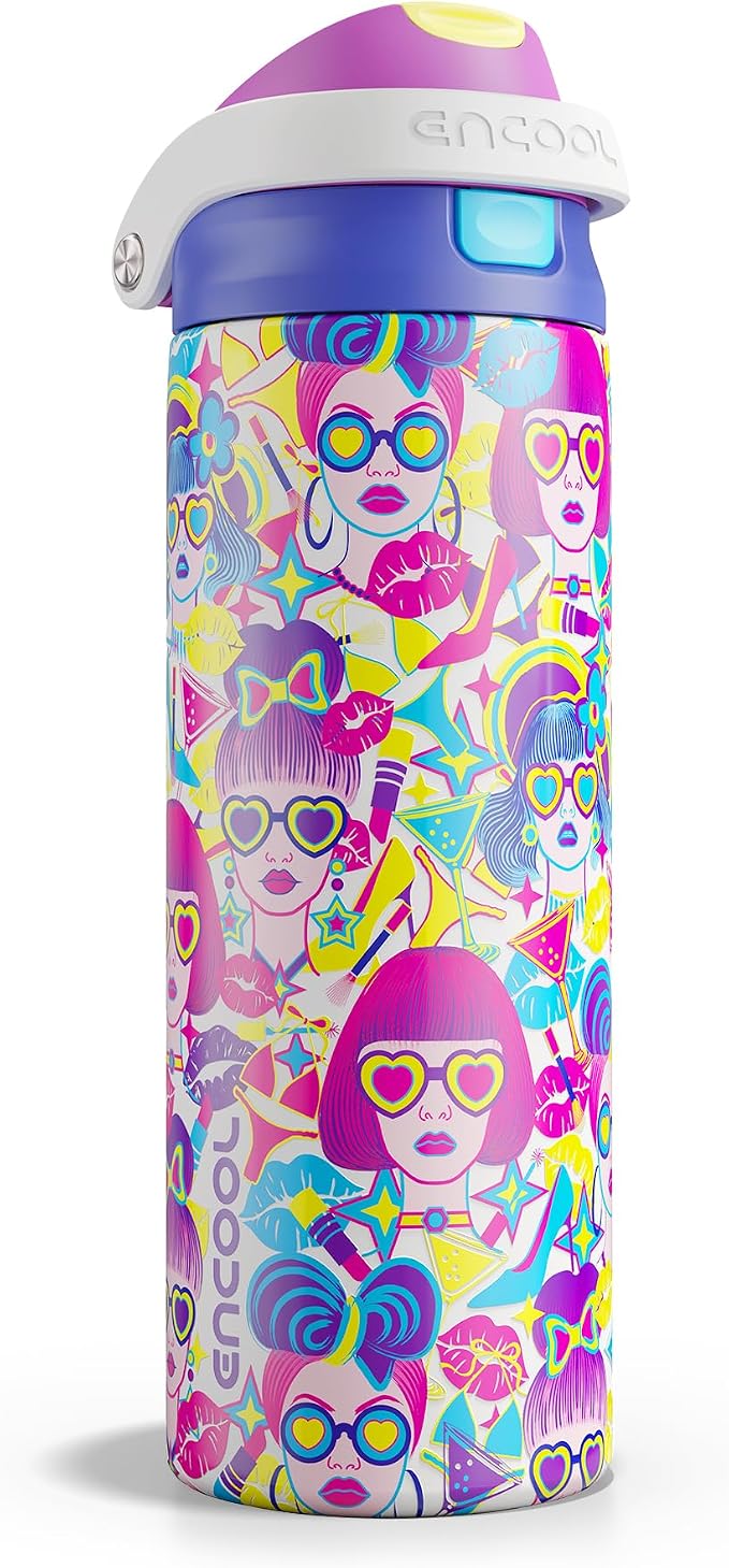 ENCOOL Leakproof Insulated Water Bottle with Straw Dual-Sip Water Bottle Bag-Safe Design for Work, Commute & Gym – Keeps Drinks Cold All Day, 24 oz, Neon Sweetheart