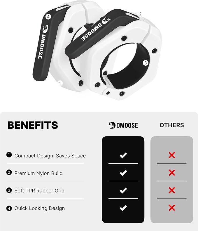 DMoose Fitness Barbell Clips 2 Inch (Pair) - Quick Release Olympic Barbell Clamps & Collars with Anti Slip TPR Grip for Secure Weightlifting and Powerlifting - Weight Clips for Bars at Home or Gym