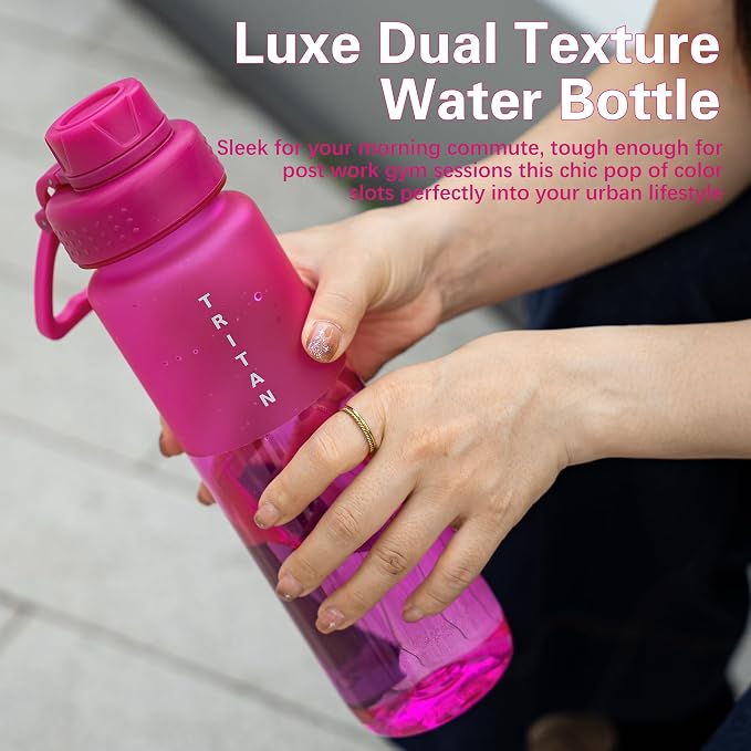OLDLEY 32 oz Water Bottle with Handle, BPA-Free Tritan Reusable Sports Water Bottle with Leak-Proof Dust Lid, Wide Mouth, Cup Holder Friendly, Half Frosted Clear Bottle for Gym, Travel, Work,Hot Pink