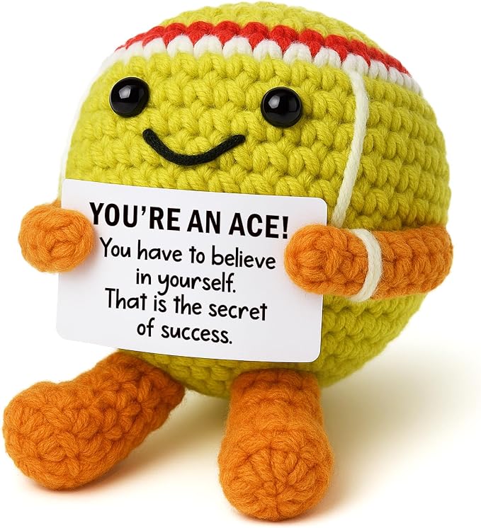 Mini Positive Crochet Tennis Ball Gifts for Women Men - Handmade Crochet Tennis Ball, Motivational Encouragement Christmas White Elephant Gift for Tennis Balls Lover Coworker Friend Coach