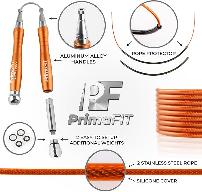PrimaFIT Pro Speed Jump Rope for Adults, Weighted Skipping Rope for Boxing | Adjustable Jumping Rope for Fitness Workout & CrossFit Exercise, Double Unders, Handle Weights, 3m Cables 2 Protectors, Bag