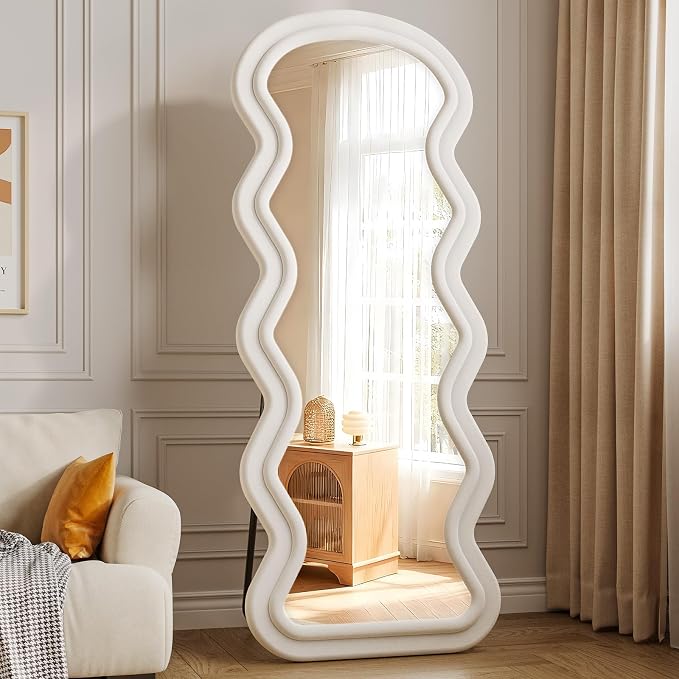 Full Length Mirror, 63"x24" Wavy Full Body Mirror Flannel | Full Body Mirror with Stand, Flannel Mirrror Bedroom and Living Room, Wall Mirror Hanging or Leaning, White