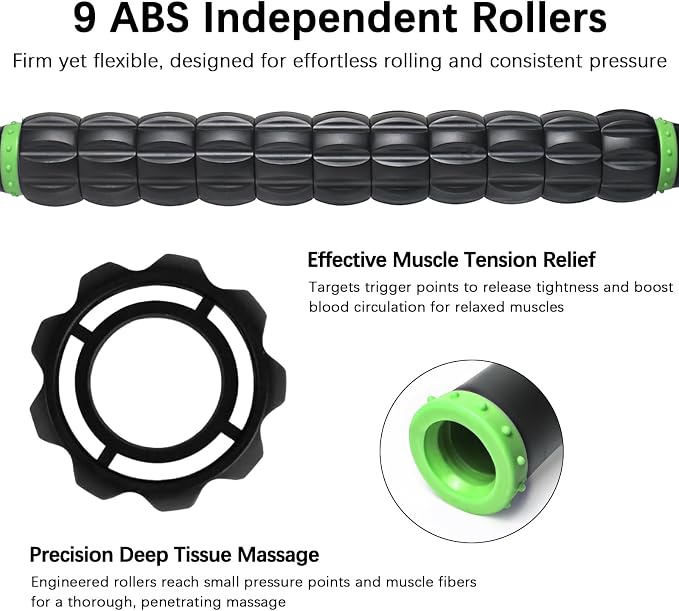 Muscle Roller Massage Roller Stick- Deep Tissue Fascia Blaster for Myofascial Pain Relief, Lymphatic Drainage & Body Sculpting, Handheld Physical Therapy & Recovery Tool (Green Black)