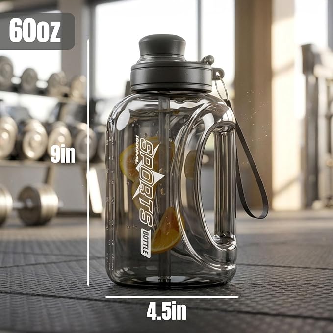 Doseno 60 oz Water Bottle, 1.8 L Big Water Jug with Straw, Handle and Strap | Black 1-pack large plastic gym water jug with handle and strap for drinking during workouts, sports and outdoor activities