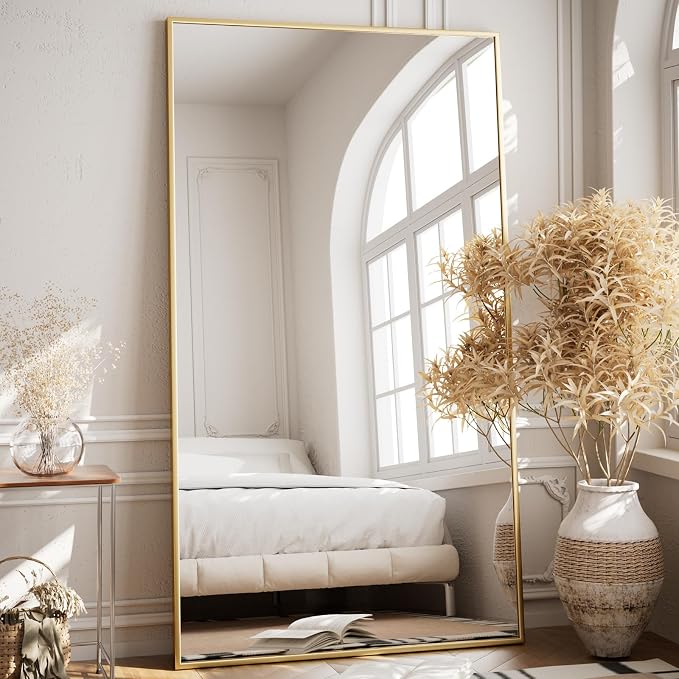 VooBang Oversized Full Length Mirror, 86" x 40" Floor Mirror with Stand, Aluminum Alloy Frame Full Body Mirror, Standing Hanging or Leaning Against Wall Bedroom Living Room, Gold
