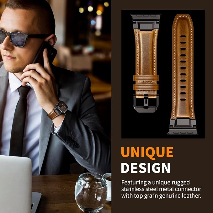 Bands Compatible with Apple Watch Ultra 3/2/1 Band 49/46/45/44mm | Genuine Leather Metal Connector Strap for iWatch Ultra Series 11/10/9/8/7/SE/6/5/4/3/2/1, Brown/Black