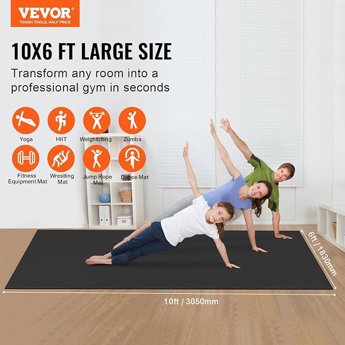 VEVOR Large Exercise Mat, 12'x6'/10'x6'/9'x6'/8'x6'/8'x5'/7'x5'/6'x4' (7mm) Extra Thick, Non Slip High Density Premium Workout Mat, Exercise Yoga Mat for Men & Women, Fitness & Exercise Mat with Bag & Carry Strap, for All Types of Home Yoga, Pilate & F...