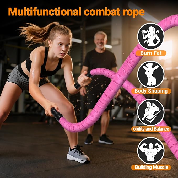 Battle Ropes for Home Gym 1 Inch Diameter 30FT Length Workout Rope Exercise Rope Training Ropes with Protective Sleeve for Kids Men Women Exercise Fitness & Strength Training-Pink