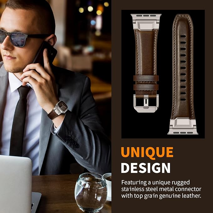 Bands Compatible with Apple Watch Ultra 3/2/1 Band 49/46/45/44mm | Genuine Leather Metal Connector Strap for iWatch Ultra Series 11/10/9/8/7/SE/6/5/4/3/2/1, Dark Brown/Titanium