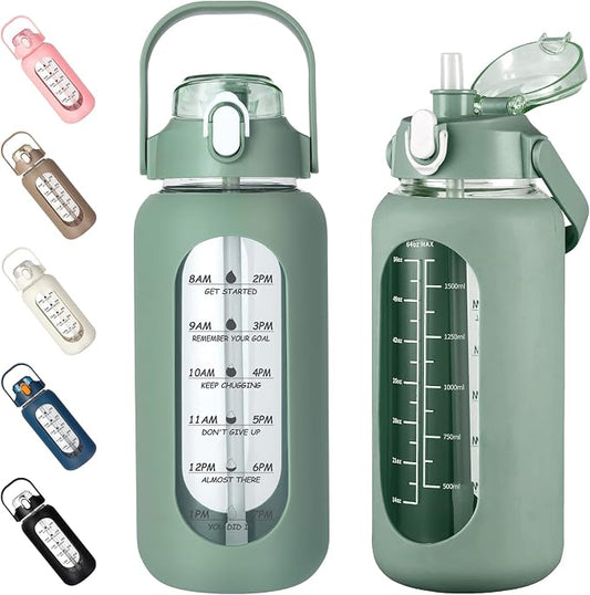 64oz Glass Water Bottles with Straw, Half Gallon Motivational Glass Bottle with Silicone Sleeve and Time Marker, 2L Leakproof Large Glass Water Jug for Gym Home Office,olive
