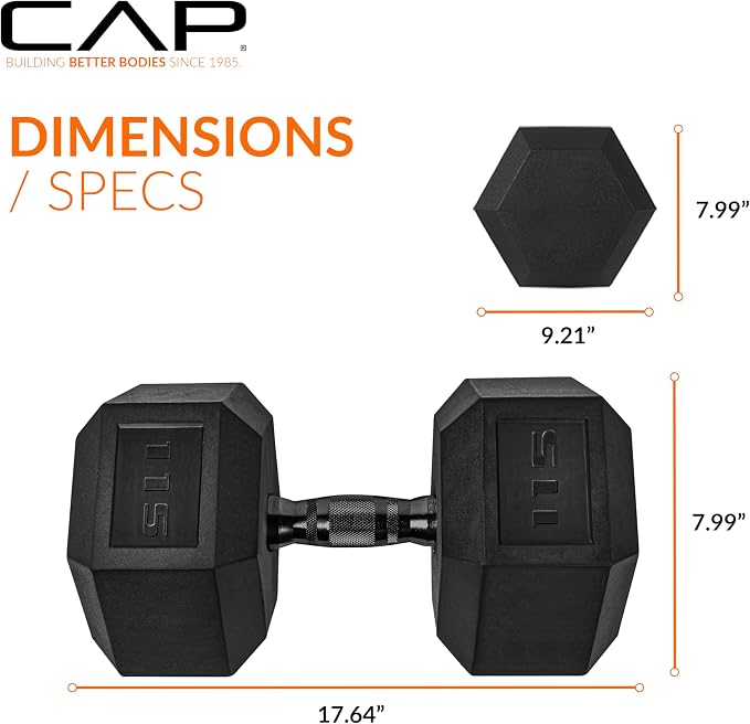 CAP Rubber Coated Dumbbell Weights, Free Weights for Home Gym Strength Training, Anti-Roll Hex Dumbbells with Black, Chrome & Comfort Grip Handles, Singles