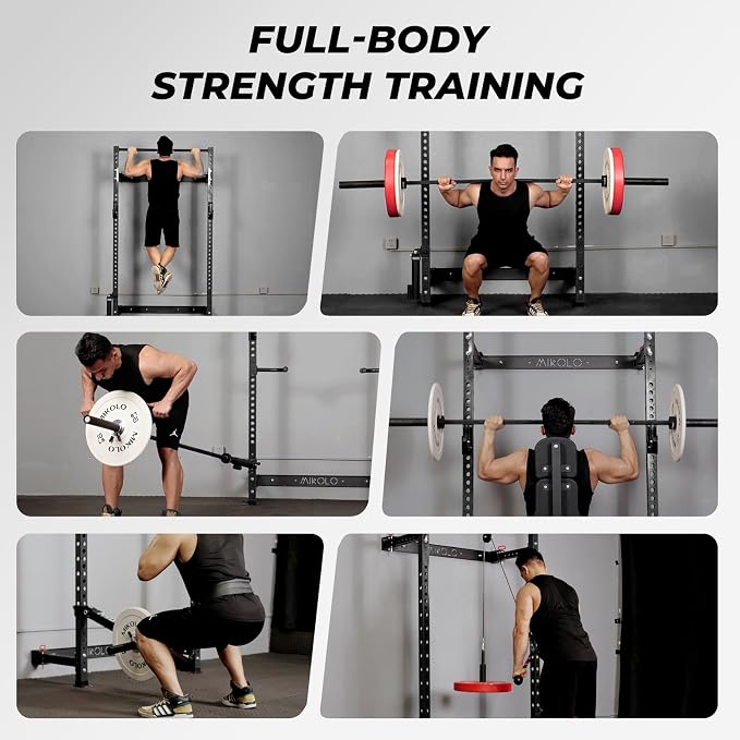 Mikolo 2" x 2" Folding Wall Mounted Squat Rack, 1000 Pounds Capacity Power Rack with Pull Up Bar, J Hooks and Other Attachments, Space-Saving Home Gym