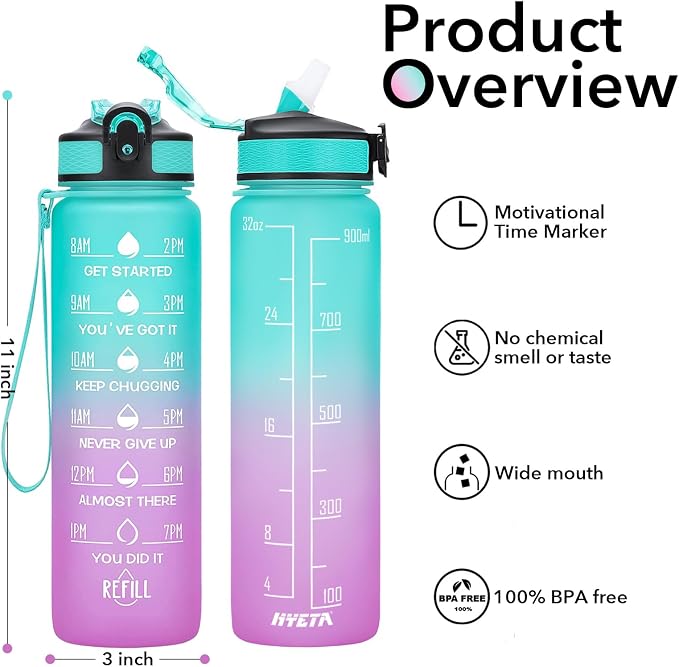 Hyeta Water Bottle with Straw & Time Marker, Plastic 32oz Leakproof | Motivational Tritan BPA Free Gym Office Outdoor Intake Tracker Hourly Reminder Straw Lid Carry Strap