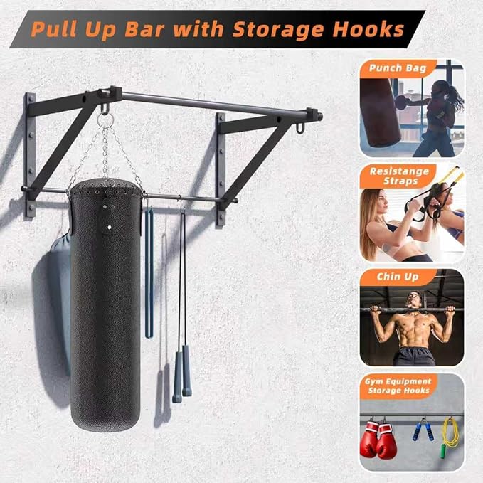 Wall Mounted Pull Up Bar with 500LBS Capacity for Gym Home | Adjustable Depth, 4 Hooks, Heavy Duty, Strength Training, Easy Install, Chin Up Bar for Doorway