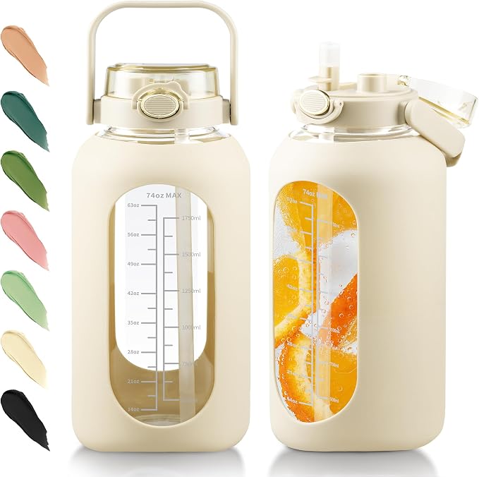 74 oz Glass Water Bottle with 2-in-1 Straw Lid Large Gallon Water Bottle with Time Marker & Removable Silicone Sleeve,Wide Mouth BPA-Free Borosilicate Bottle for Gym, Workout & Daily Use