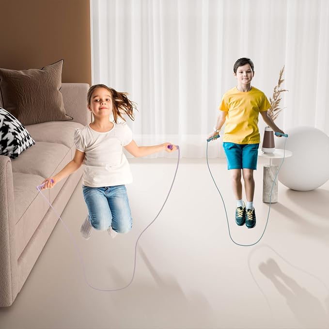 Jump Rope for Kids-Adjustable Cotton Braided Skipping Rope with Wooden Handle for Toddler Fitness Workout Exercise Outdoor Activity