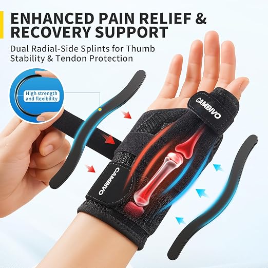 CAMBIVO Thumb Splint & Wrist Brace, Adjustable CMC Joint Pain Relief, Black | Triple Adjustable Straps, Breathable Mesh, Open-Palm Design, Reversible Left/Right Fit, for Typing, Sleep, Daily Tasks