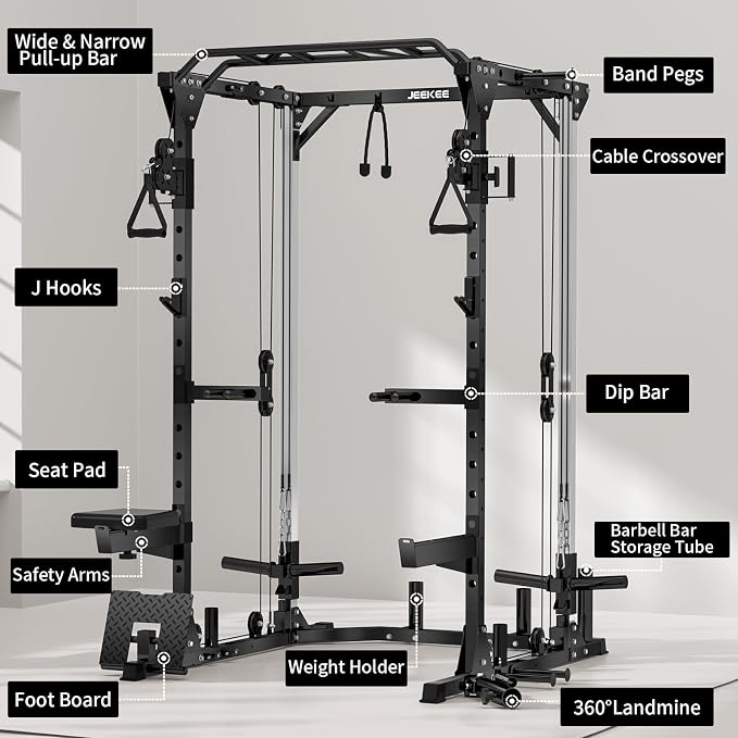 JEEKEE Power Cage with Cable Crossover System, 2000LB Multi-Function Power Rack with Independent Dual Pulleys, LAT Pulldown Seat Cushion, 20+ Attachments Squat Rack for Home Gym Workout,Black